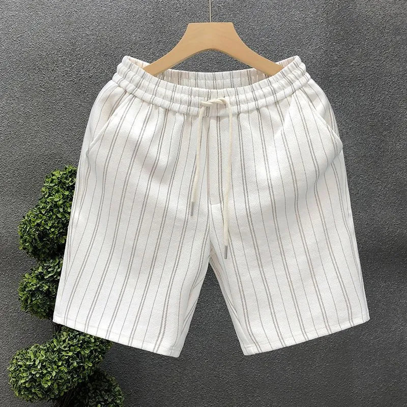 Black and white striped men's fleece-lined casual shorts with an elastic double waistband