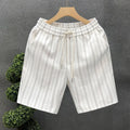 Black and white striped men's fleece-lined casual shorts with an elastic double waistband