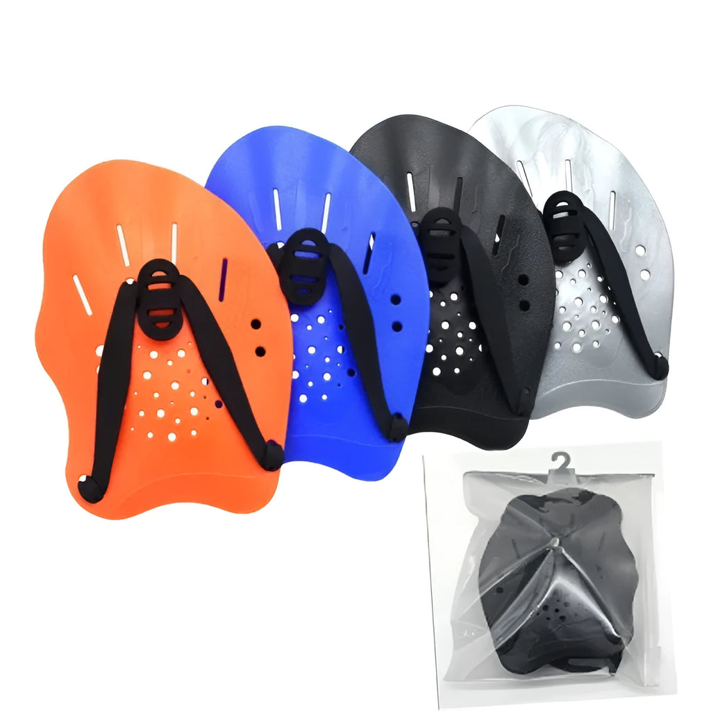A pair of webbed swimming training hand paddles shown in blue, with size options S, M, L available.