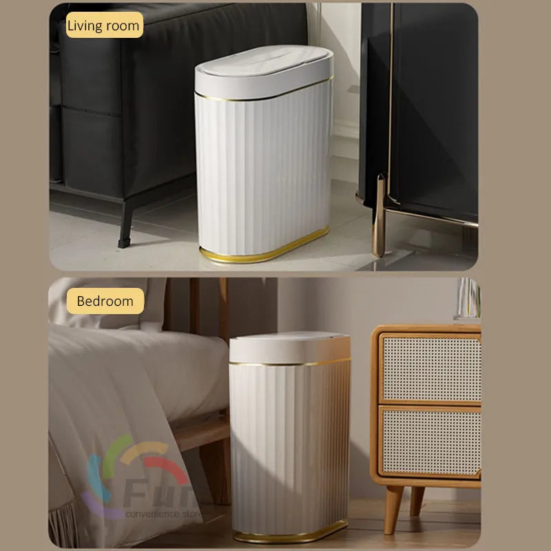 White automatic induction smart trash can with lid open, showing internal bin liner.