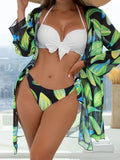 Women's three-piece mesh split bikini swimsuit set in quick-dry polyester fabric.