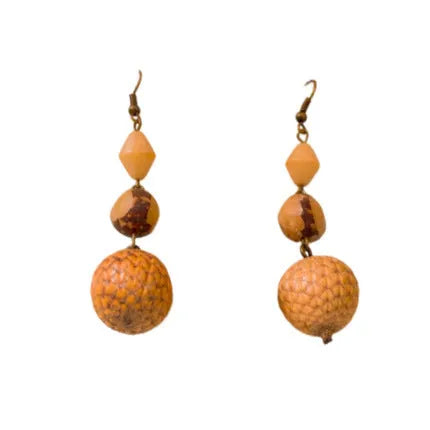 Brown resin fruit core tassel earrings with round geometric design and ear hook clasp for women