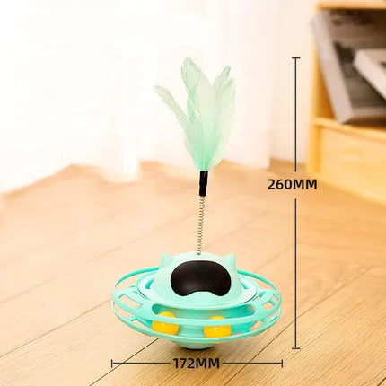 Pink cat tumbler turntable interactive toy with colourful ball inside, dimensions 17cm by 10cm