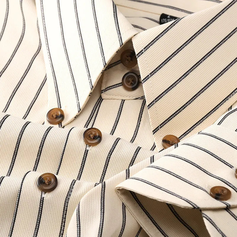 Coffee coloured striped men's long-sleeved business shirt with slim fit on a plus-size model