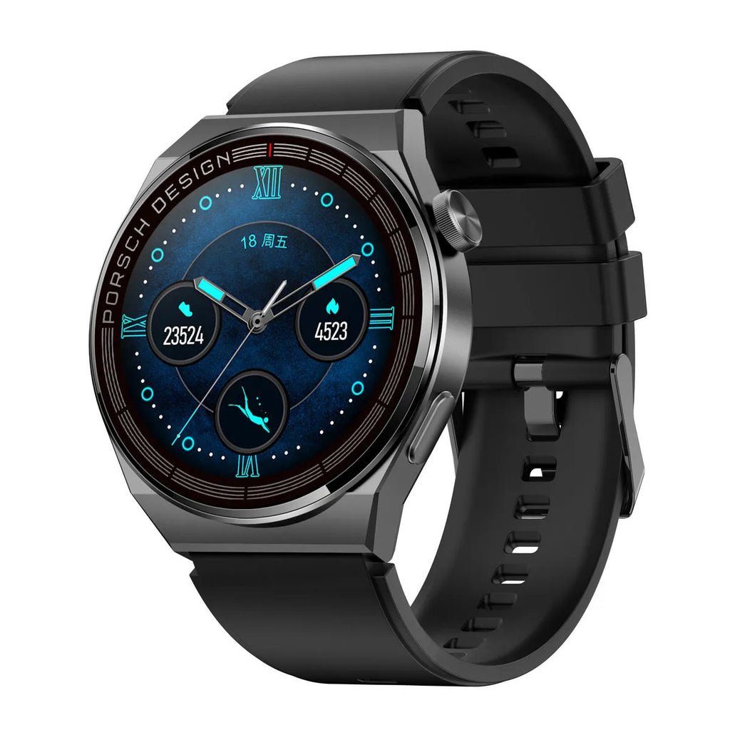 Smartwatch with 1.39-inch touchscreen showing interface, black case with silicone strap on wrist
