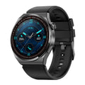 Smartwatch with 1.39-inch touchscreen showing interface, black case with silicone strap on wrist