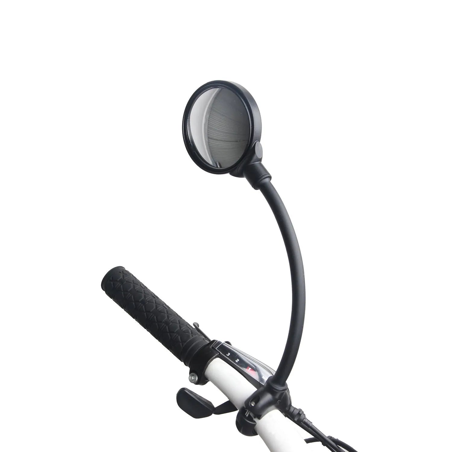 Black metal bicycle rearview mirror with hose adjustment mechanism and reflector