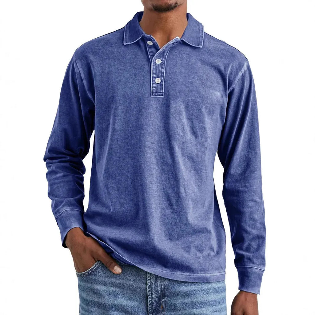 Men's retro washed pure cotton long sleeve polo shirt with a distressed lapel in army green
