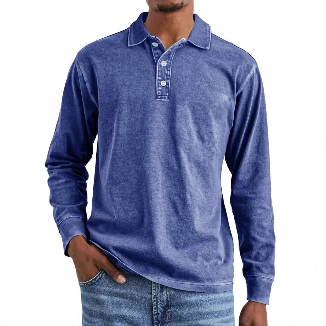 Men's retro washed pure cotton long sleeve polo shirt with a distressed lapel in army green