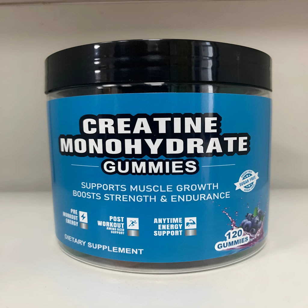 Bottle of raspberry flavoured creatine monohydrate gummies containing 120 soft candy supplements