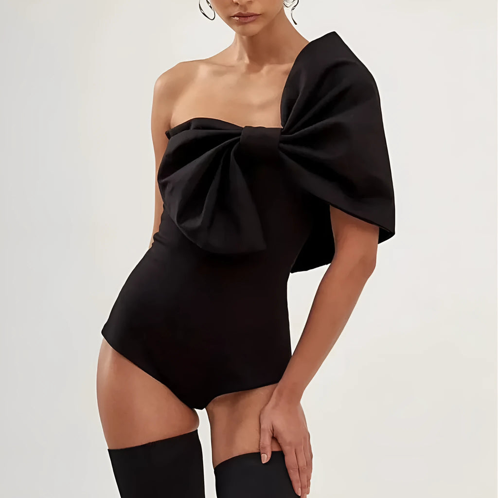 Black and white tube top bow one-piece swimsuit for women, solid colour, high elasticity, with wrap skirt option