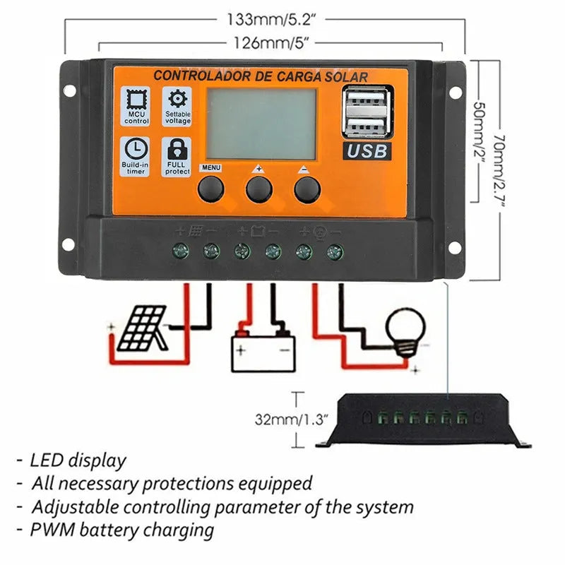 LCD solar charge controller orange housing PVC glass fiber PCB 20A to 100A 133x70x35mm