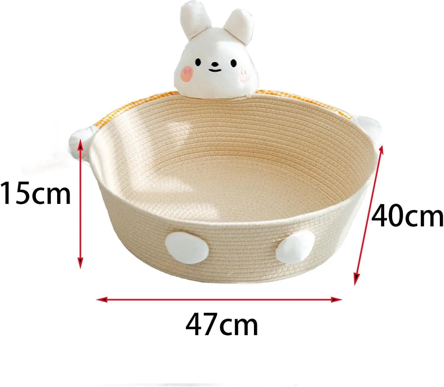 Woven cotton rope cat bed basket with integrated scratching pad in rabbit design