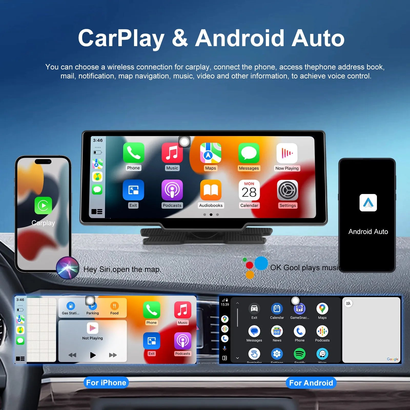 10.26-inch car DVR dashboard camera with rear view camera and smartphone connectivity