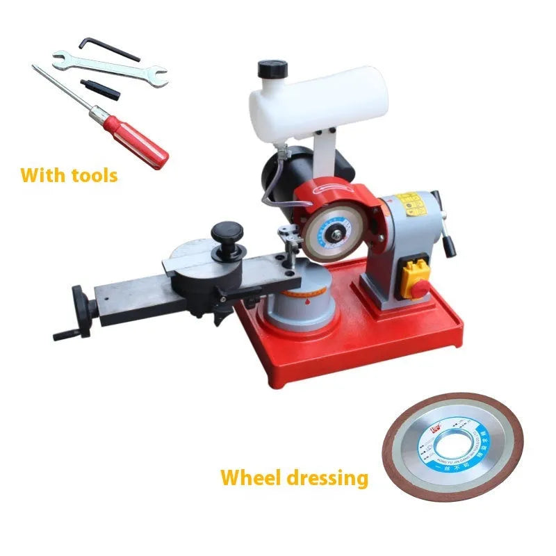 Small manual sharpedge grinding machine for alloy circular saw blades on a workbench.