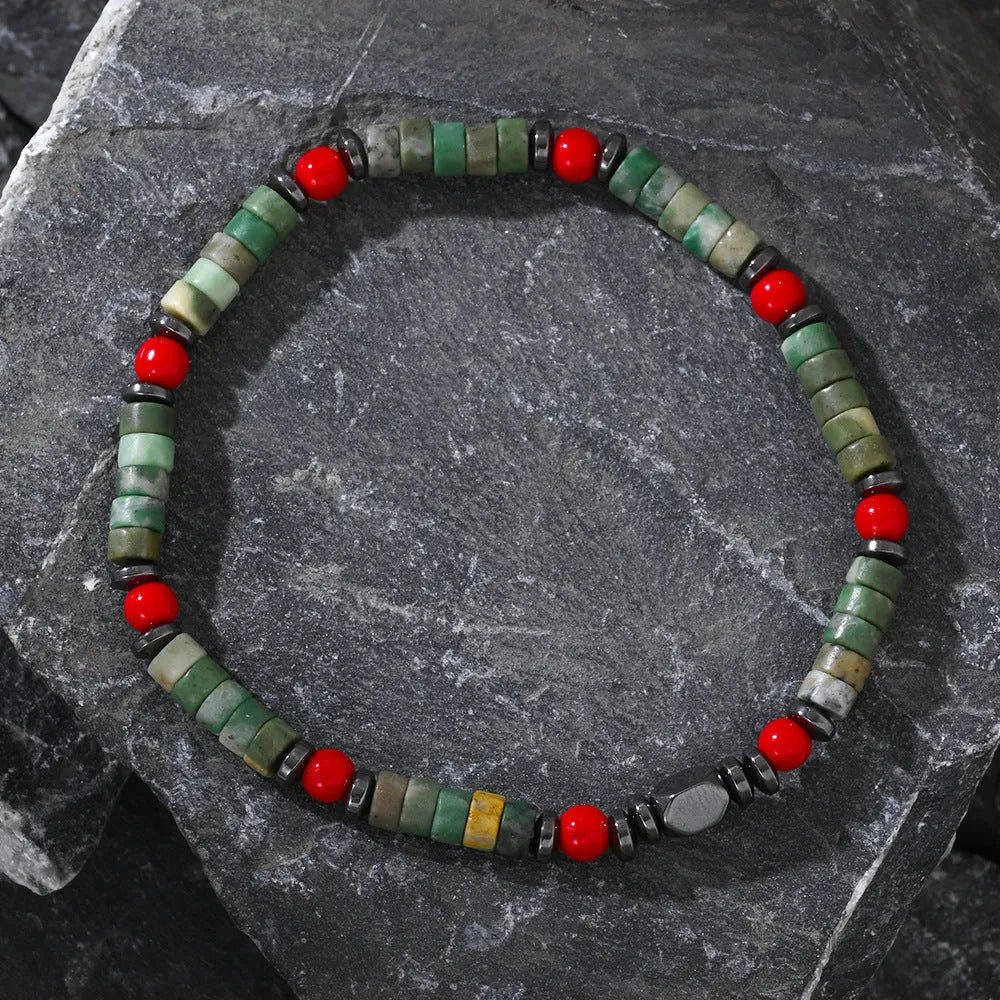 Bohemian cylindrical natural stone beads string bracelet for men with hand-woven construction