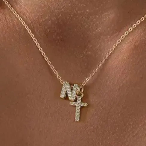 Copper letter pendant necklace with zircon inlay in A style electroplated finish on regular chain