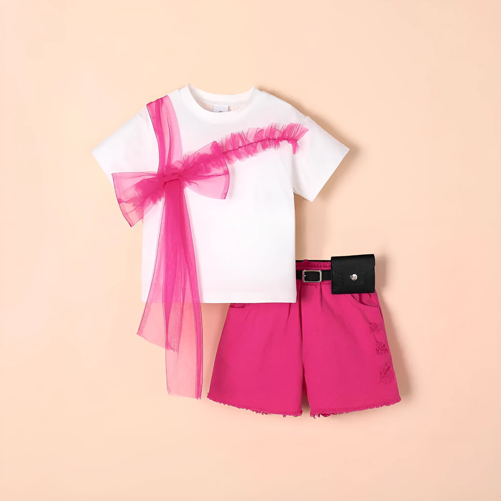 Rose red children's short-sleeved t-shirt, denim shorts, and belt set for girls ages 4Y to 7Y