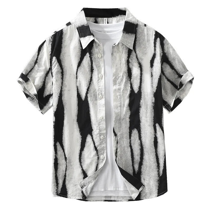 Retro black and brown striped short sleeve loose fit cotton shirt laid flat.