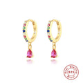 S925 sterling silver geometric water drop earrings with a choice of gold or silver tone finish and coloured gemstone centre.