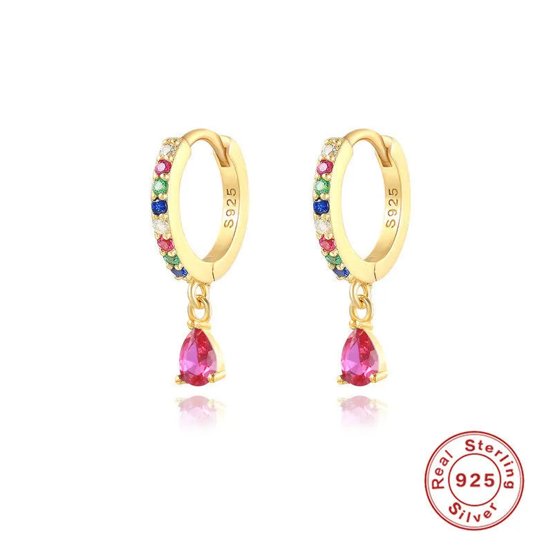 S925 sterling silver geometric water drop earrings with a choice of gold or silver tone finish and coloured gemstone centre.