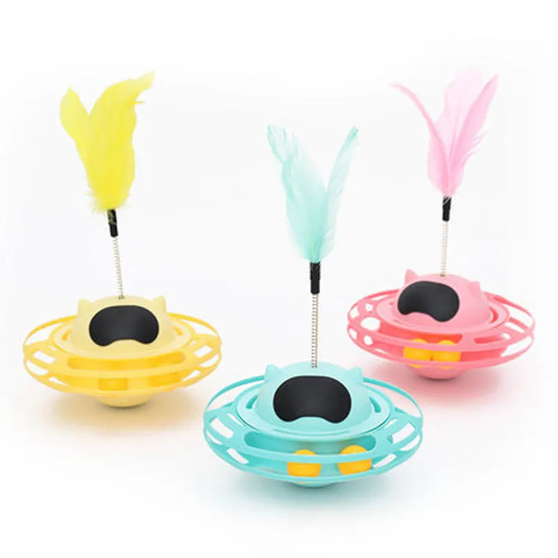 Pink cat tumbler turntable interactive toy with colourful ball inside, dimensions 17cm by 10cm