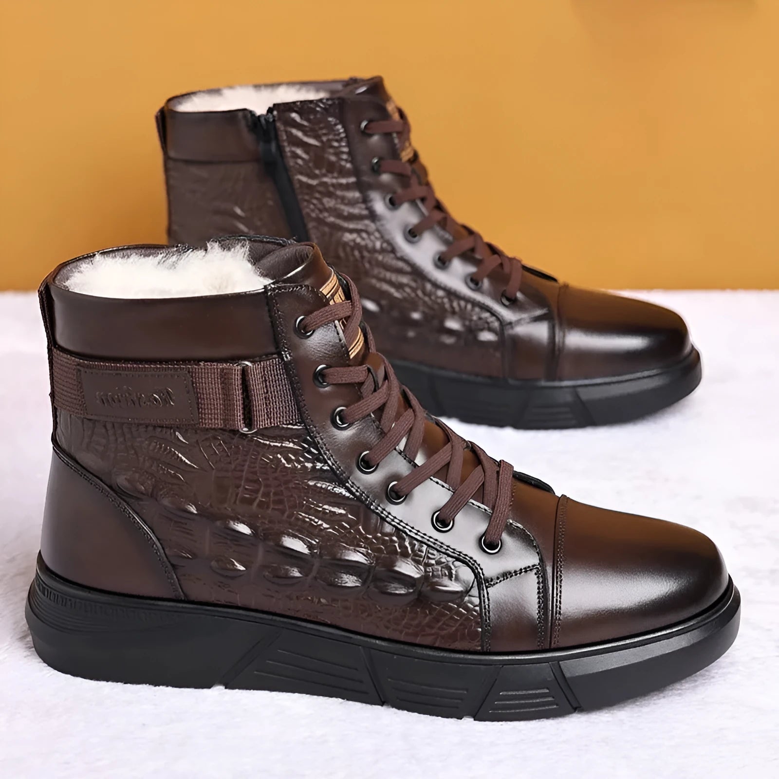 Men's black genuine leather winter boots with fur lining and lace-up front