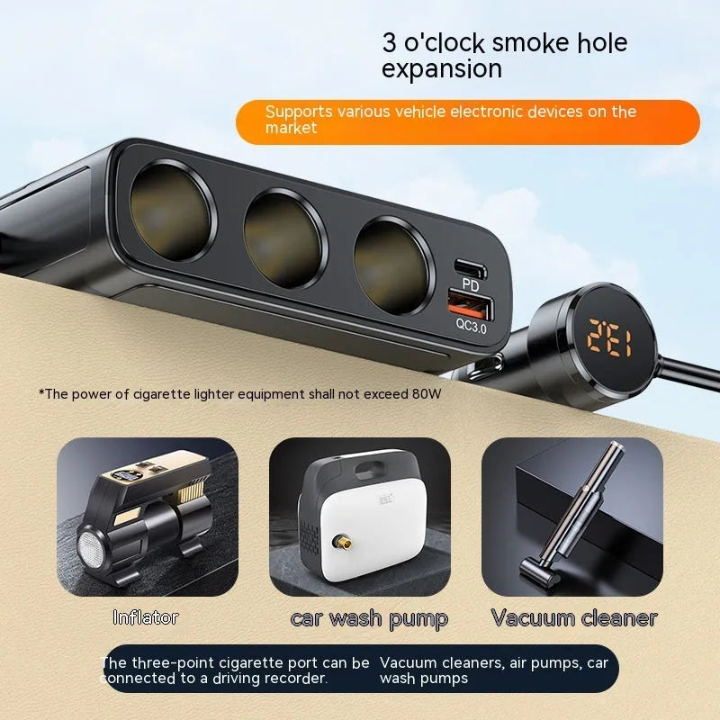 Black vehicle cigarette lighter charger with multiple USB ports and 1 metre cable for car charging