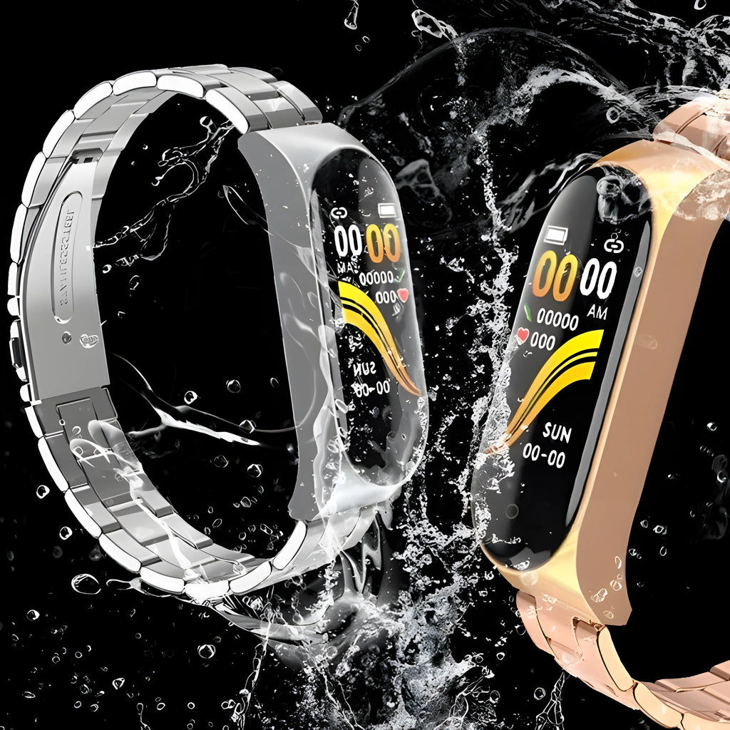 Smart bracelet with stainless steel wristband, touch button, heart rate and blood pressure monitoring, shown in black gold silver pink