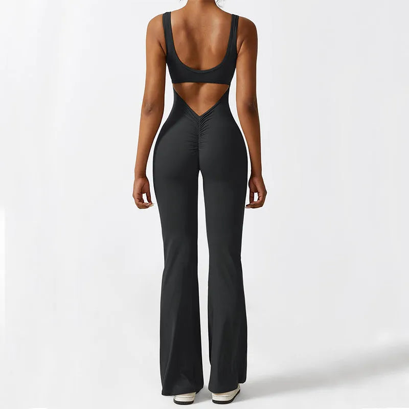 Women's sleeveless flare jumpsuit in Army Green colour for yoga and fitness activities