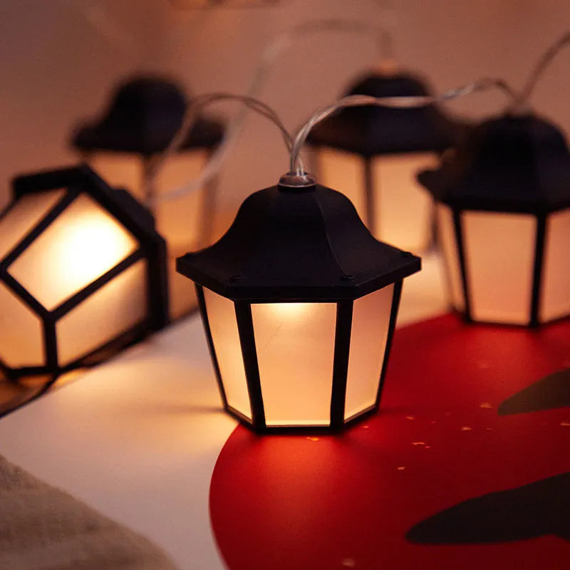 Warm white LED lighting chain with retro lantern style, shown in lengths from 1 m to 6.5 m for garden and villa decoration