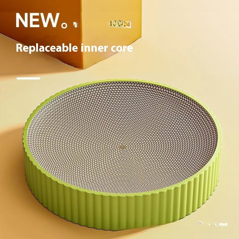 Round green cat scratching board with corrugated paper centre and two replacement packs.