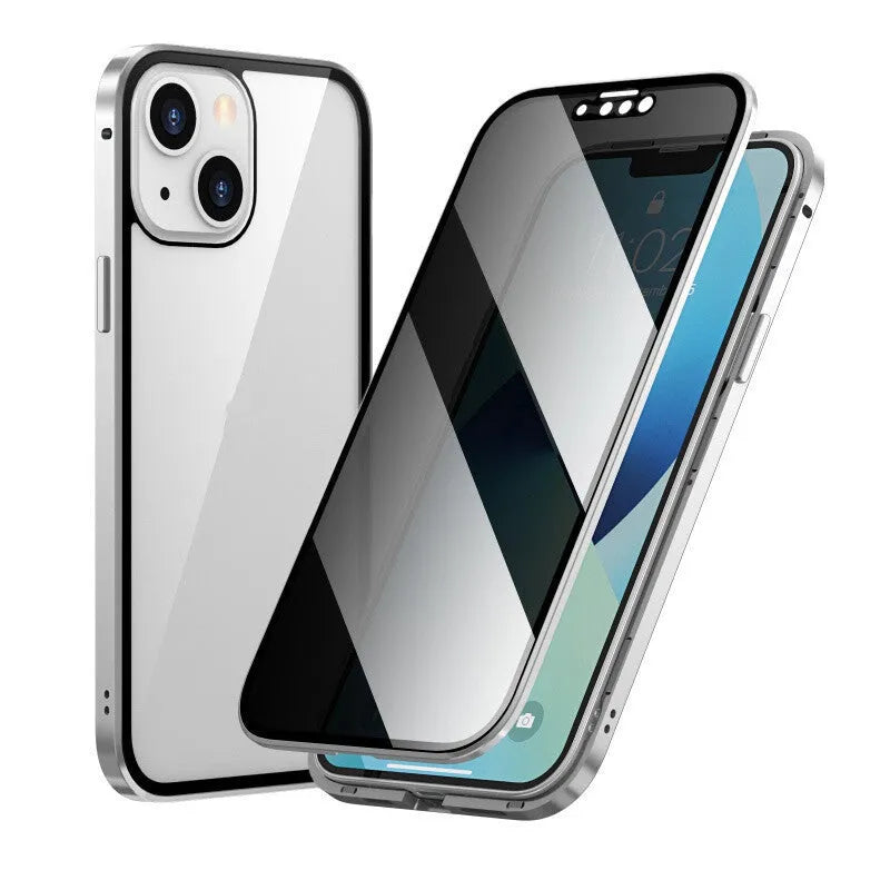 Black Magneto privacy phone case with metal frame for iPhone, showing anti-peep screen protector.