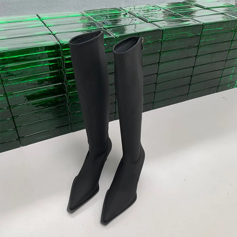 Black pointed toe below-the-knee boots on a woman, showing the back zipper and stiletto heel.