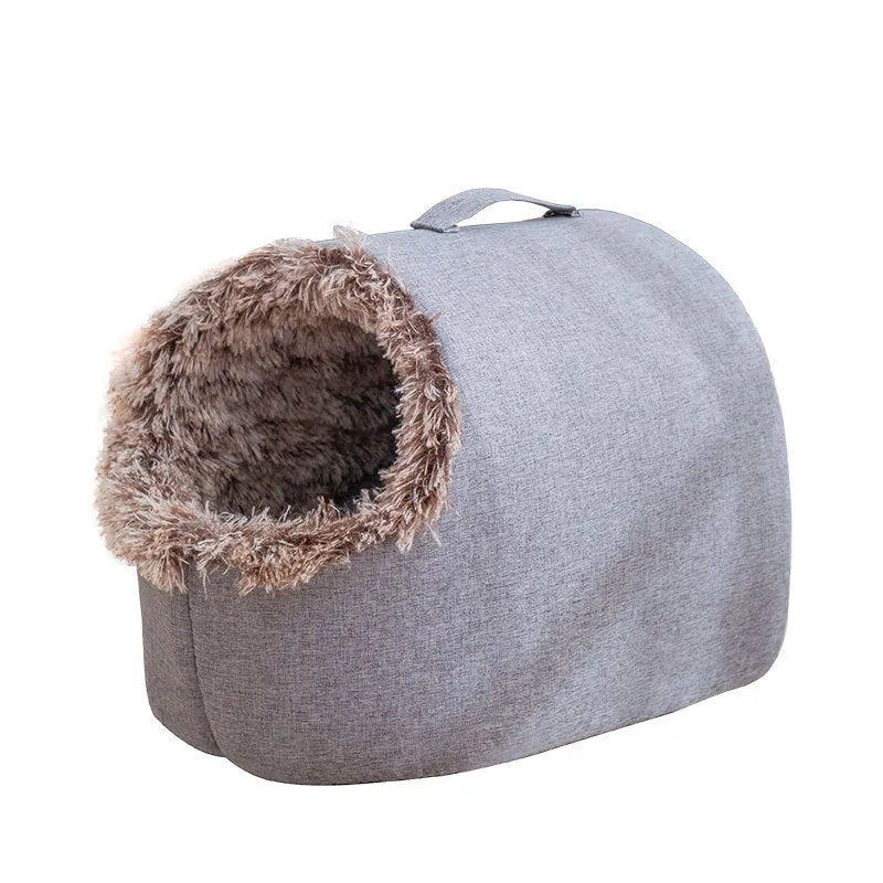 Fleece-lined enclosed cat bed with sleeping bag design shown in grey and brown colour options