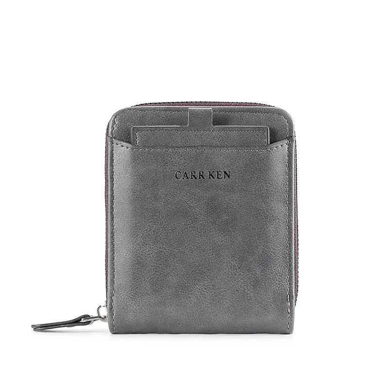 Men's short horizontal square zipper wallet in brown polyurethane leather with multiple card slots and metal zipper closure