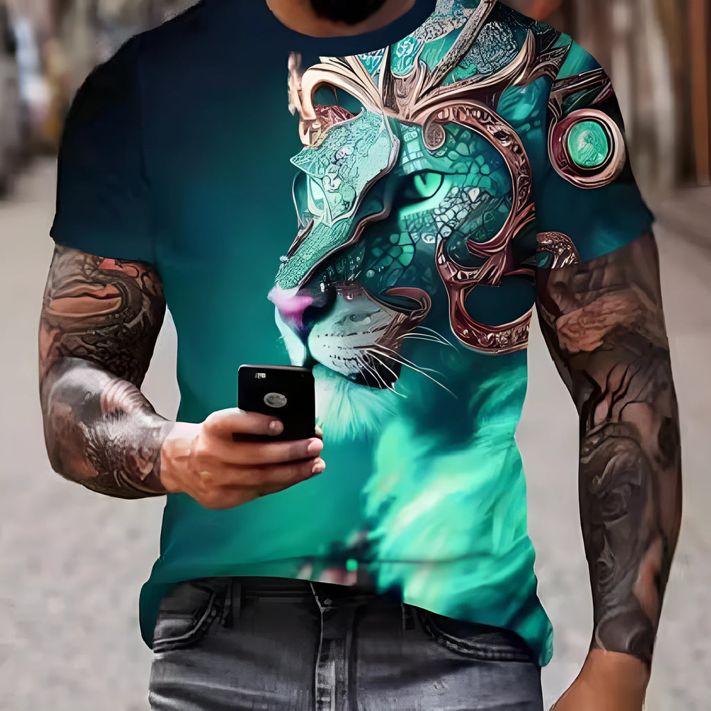Men's black t-shirt with raised 3D lion graphic print on chest, polyester fabric casual top