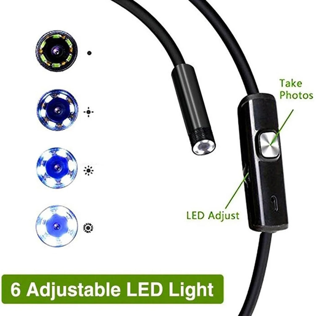 USB-C Android phone endoscope with flexible cable, side mirror, hook, and magnet attachments on a table