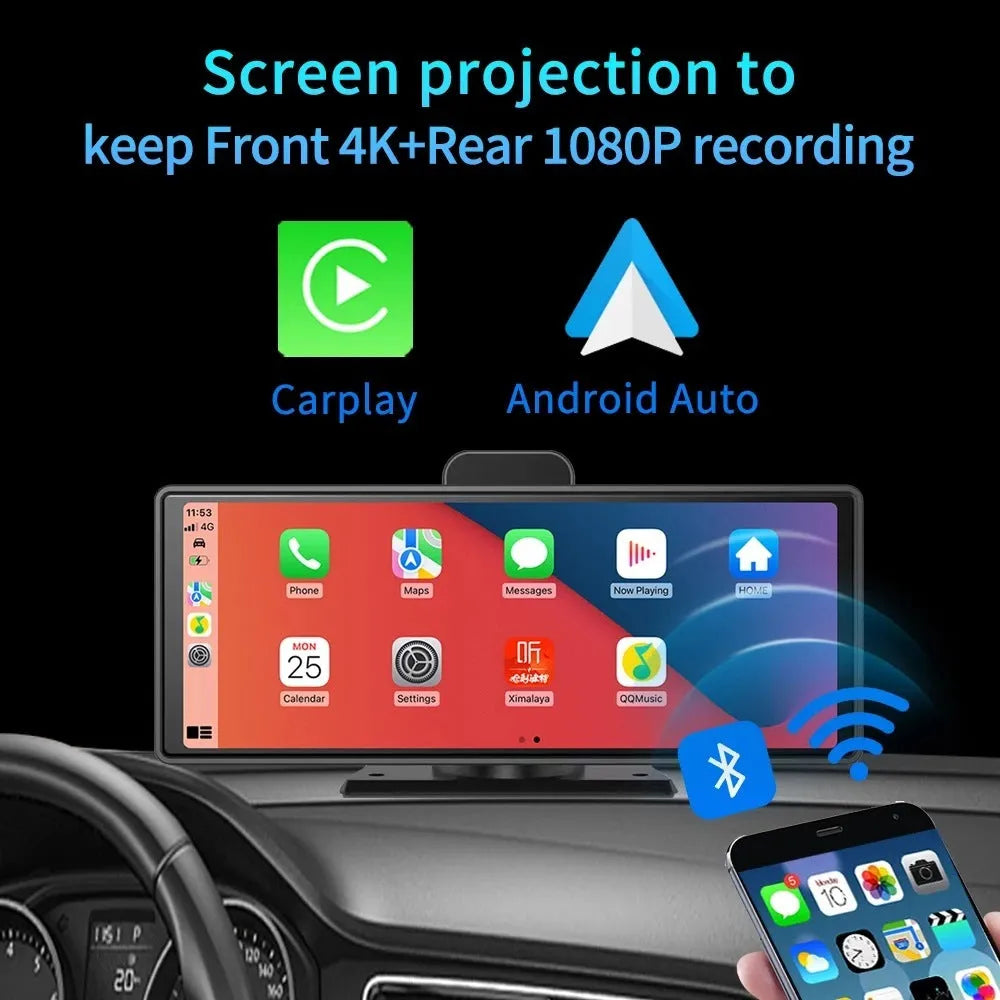 12-inch touchscreen car DVR and media display with front and rear recording cameras on dashboard