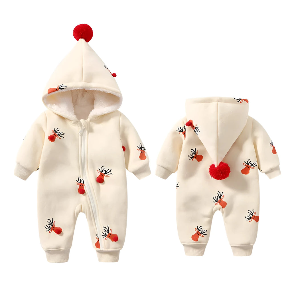 Khaki padded baby one-piece suit with Christmas moose print, shown on hanger.
