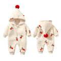 Khaki padded baby one-piece suit with Christmas moose print, shown on hanger.