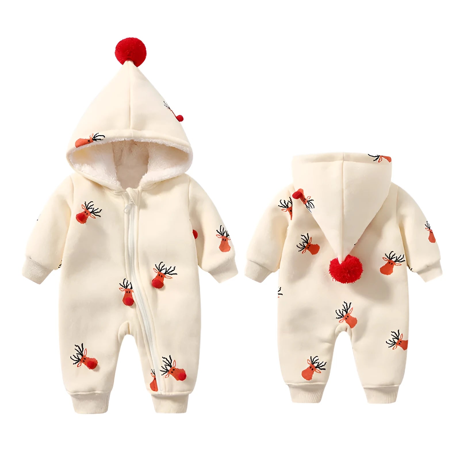 Khaki padded baby one-piece suit with Christmas moose print, shown on hanger.