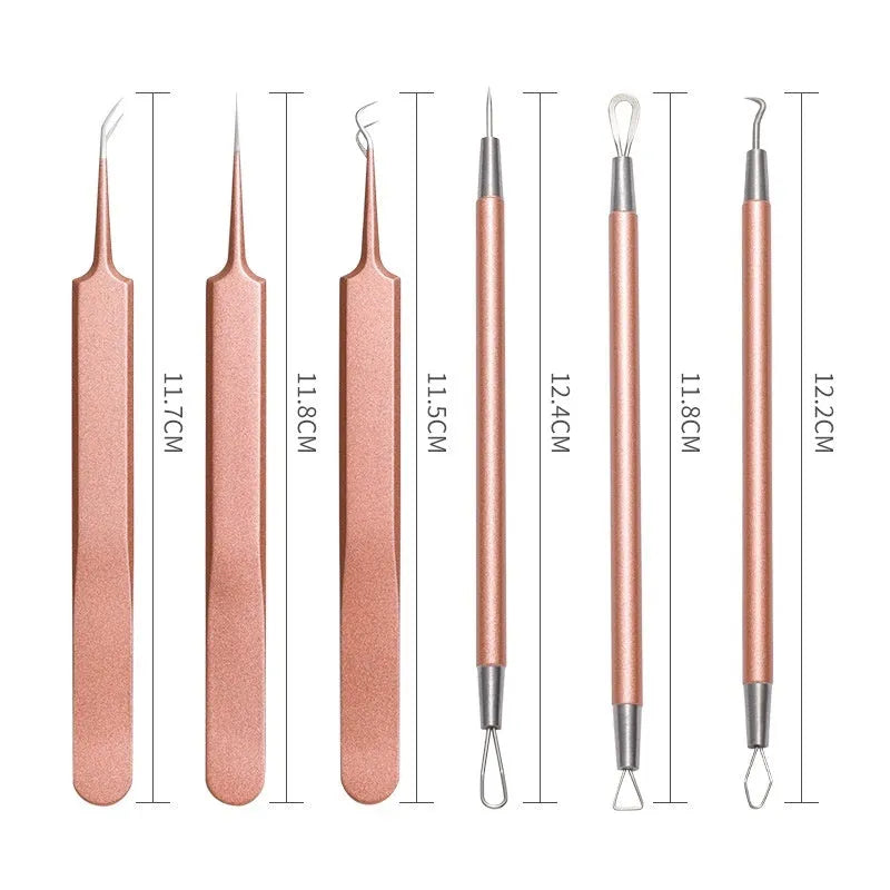 Six stainless steel dual-ended acne needles with rose gold finish for blackhead and spot removal