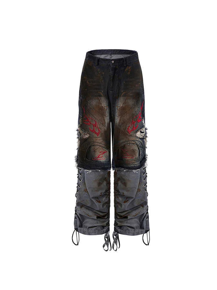 Men's retro wide leg denim jeans with detachable trouser legs in picture colour