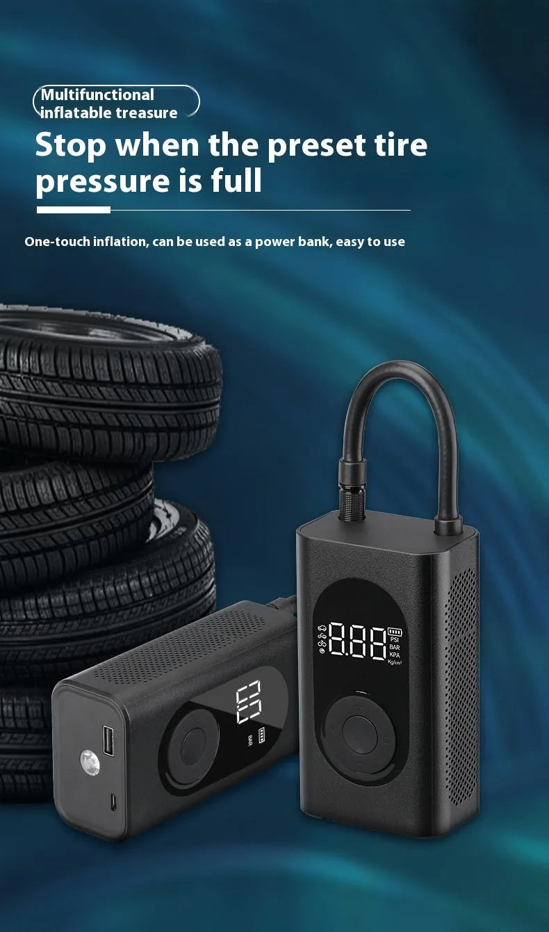 Portable wireless tyre pump with power bank and flashlight for car motorcycle bicycle inflation