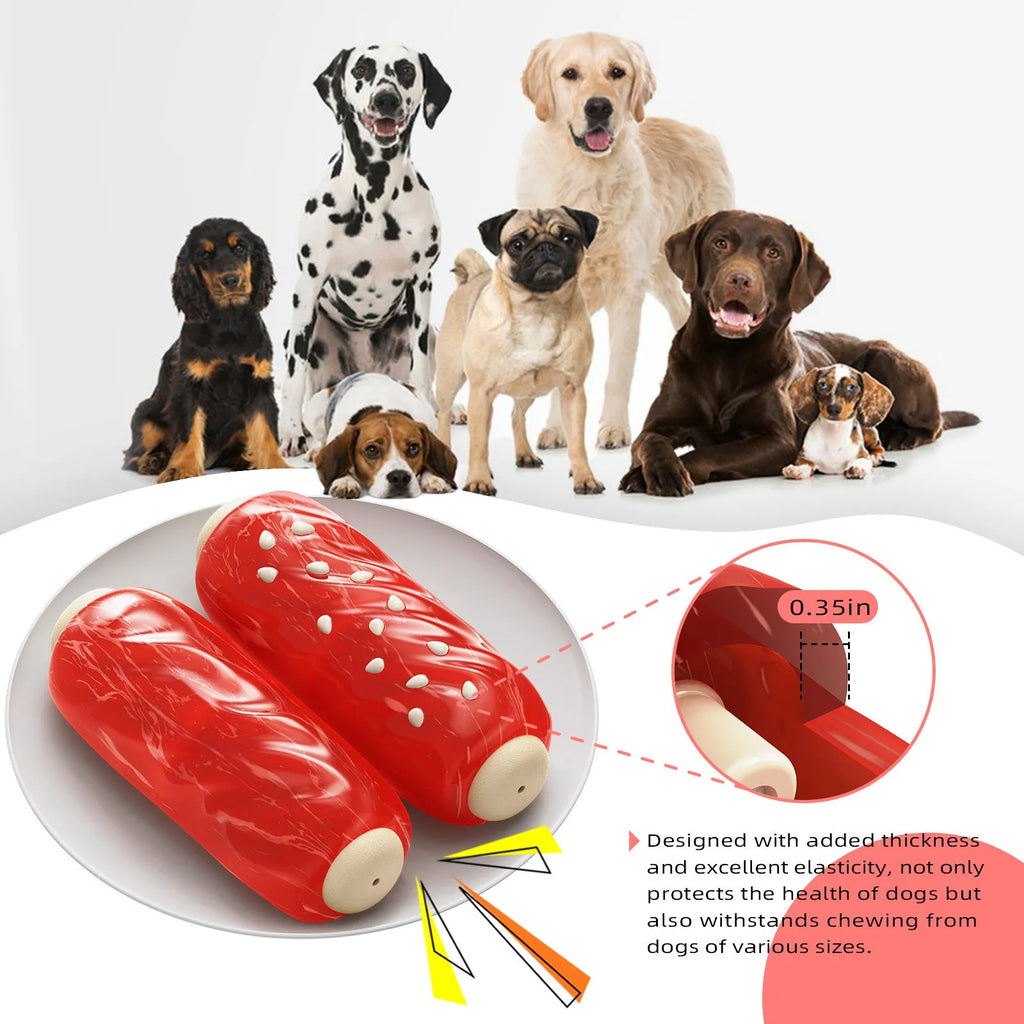 Primary colour plastic molar rod dog chew toy and treat dispenser.