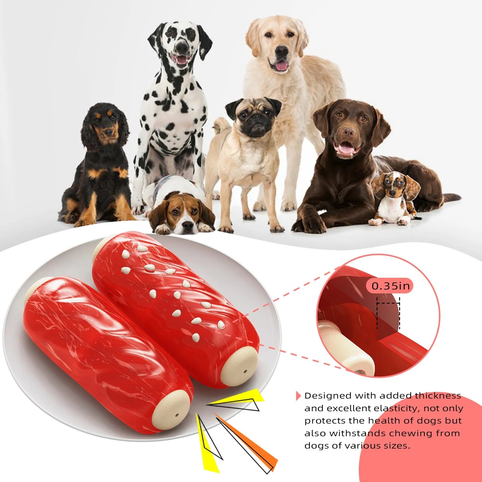 Primary colour plastic molar rod dog chew toy and treat dispenser.