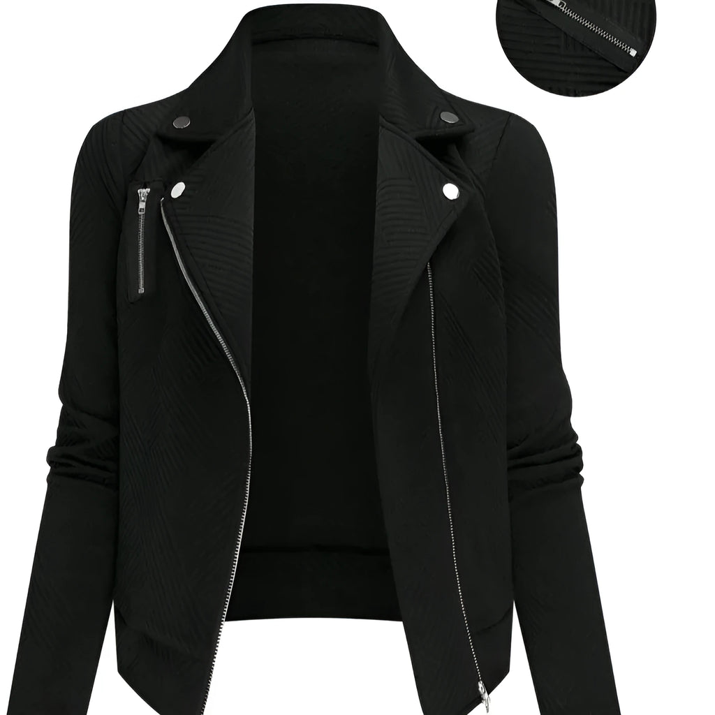 Women's oblique zipper fastener decoration slim casual jacket in black with long sleeves and loose fit