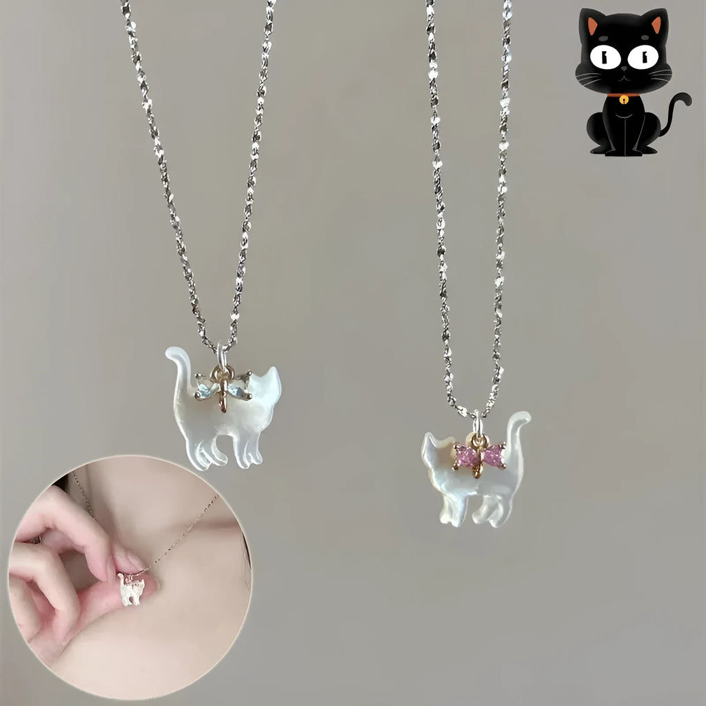 Cat pendant necklace with transparent rhinestones, silver plated water wave chain, white or pink colour option