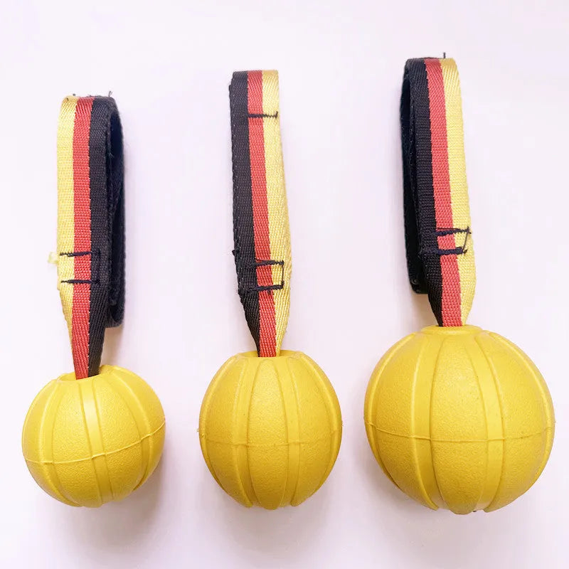 Camouflage and yellow floating pet tetherballs in three diameter sizes for water play